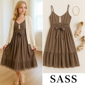 Anthropologie Sass,Soft Cocoa Pleated Dress Boho Cottage-core Flowy EUC Size 6